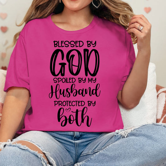 Christian Tee, Blessed By God, Spoiled By My Husband, Protected By Both Christian T-shirt, woman wearing berry colored faith apparel 