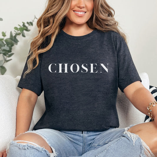 Christian Tee, Chosen Christian T-shirt, Woman in gray Faith Apparel 