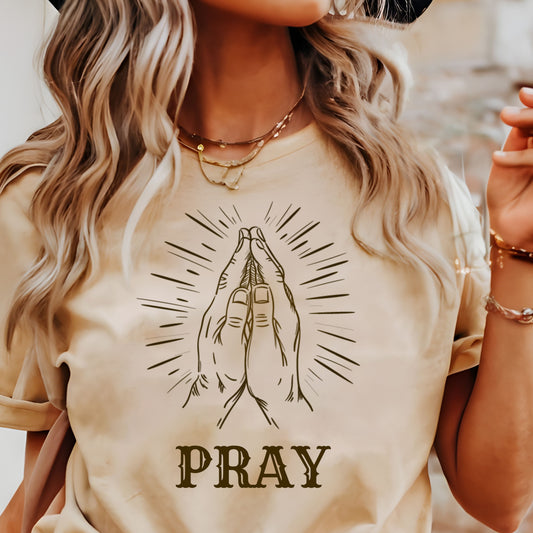 Christian Tee, Pray Christian T-shirt, Woman in tan Faith Apparel 