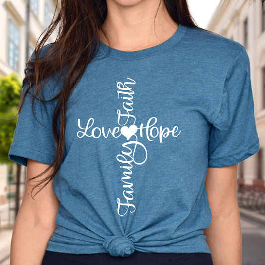 Christian Tee, Love Faith Hope Family Christian T-shirt, female wearing deep heather faith apparel.