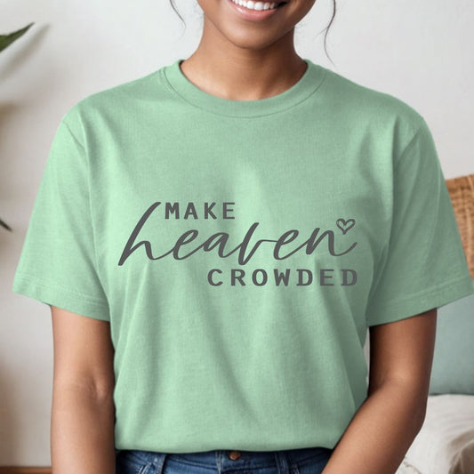 Model Wearing Make Heaven Crowded Christian Tee